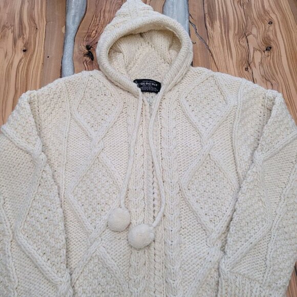 SISANDINA Wool Cardigan Sweater Chunky Cable Knit Hooded Zip Front Ivory Medium - Picture 3 of 10